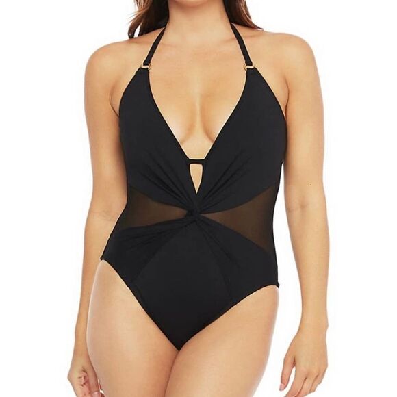 NEW La Blanca Mesh-Merizing Halter One Piece Swimsuit Sz 8 black - Picture 1 of 12